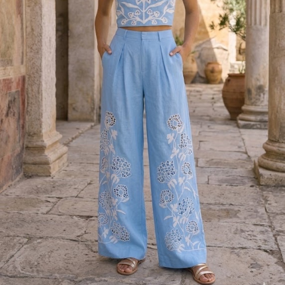 $238 NWT Allison New York Hutton Wide Leg Embroidered Pant Light Blue Size 6